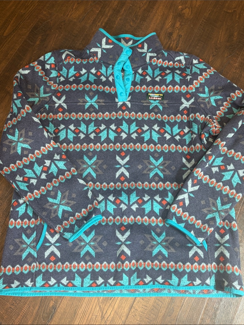 L.L.Bean Women's XL Fleece button 3/4 Pullover Aztec blue turquoise orange